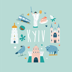 Wall Mural - Kyiv hand drawn poster, decoration with famous symbols and landmarks