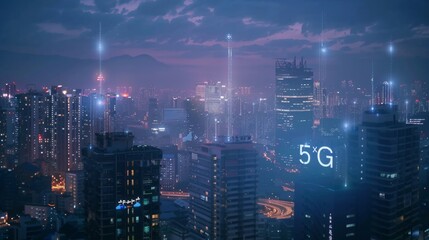 Fototapete - 5G network wireless systems and internet of things with modern city skyline