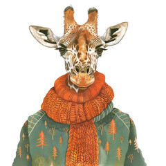 Wall Mural - A giraffe is wearing a green sweater and an orange scarf