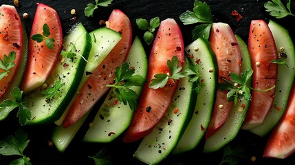  Watermelon and cucumber slices arranged on a black surface, garnished with herbs