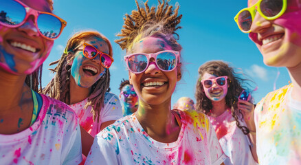 Wall Mural - A group of friends wearing white t-shirts and sunglasses smiles for the camera while at an outdoor color run event, their faces painted with vibrant colors 