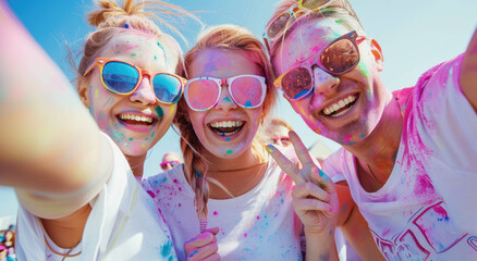 Canvas Print - A group of friends wearing white t-shirts and sunglasses smiles for the camera while at an outdoor color run event, their faces painted with vibrant colors 