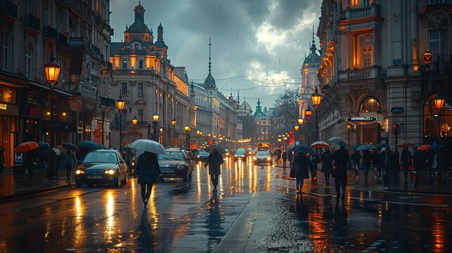 elegant city with people rushing around on a rainy day, hyper realistic, cinematic, editorial photog