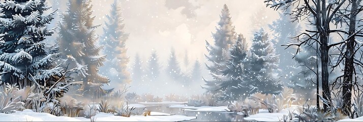 Wall Mural - a wintry forest scene with snow - covered trees and a stream, featuring a white tree in the foreground