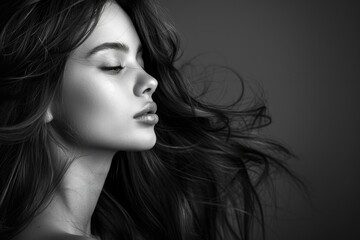 Young brunette woman with long hair black and white beauty portrait