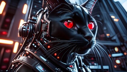 Wall Mural - A black cat enhanced with cybernetic features, glowing red eyes, and futuristic technology, creating a blend of nature and science fiction. 