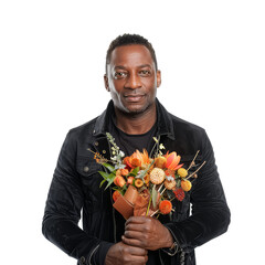 Wall Mural - A man wearing a black jacket is holding a bouquet of flowers