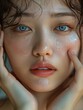 © Fay Melronna  - Close-up portrait of a young woman with wet skin and teary eyes, highlighting her clear blue eyes and delicate features in natural light.