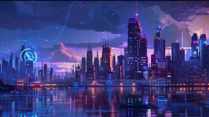 Poster - Arel view of City Landscape with internet and technology icon concept background
