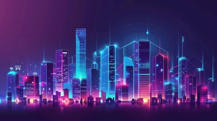 Poster - Arel view of City Landscape with internet and technology icon concept background