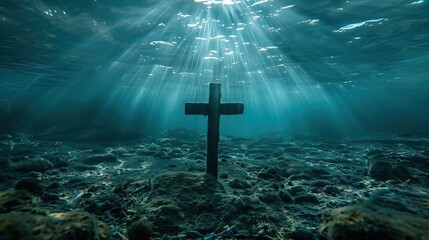 Wall Mural - Conceptual image with christian cross and underwater