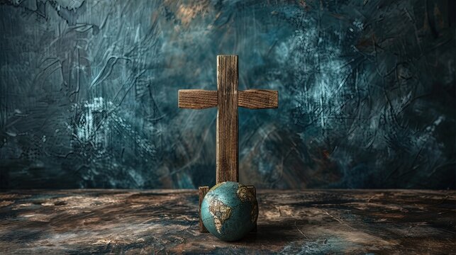 Conceptual image with christian cross and earth globe