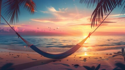 Swing chair or hammock on beautiful empty beach on sunset and sea view. Summer vacation banner. Illustration AI