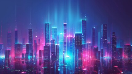 Fototapete - Big data connection technology. Cityscape telecommunication and communication network concept.