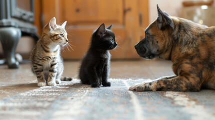 Wall Mural - A cat and two dogs are standing on a carpet