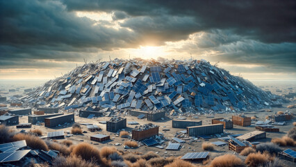 Ecology irony, landfill filled with discarded solar panels creating mountain of e-waste, contrast between intended eco-friendly purpose of panels and environmental damage caused by their disposal.