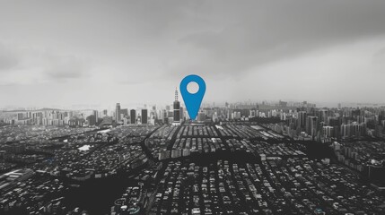 Fototapete - Black and white smart city with blue location sign, communication technology concept