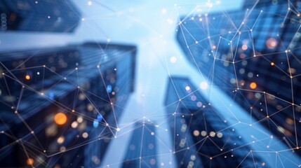 Poster - Blockchain network on blurred skyscrapers background. Financial technology and communication concept