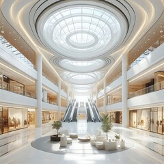 A large building with escalators and a large skylight informative creative optimized engaging.