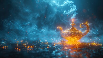 Wall Mural - an elegant golden magic lamp with smoke on a blue background representing fairy tales and wish fulfillment.illustration