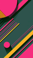 Poster - A vibrant abstract geometric design with lines, circles and overlapping shapes in green, pink, and yellow, creating a modern and dynamic background.