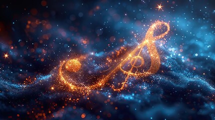 Wall Mural - three dimensional abstract digital clef treble on blue background accompanied by stars symbols of mu