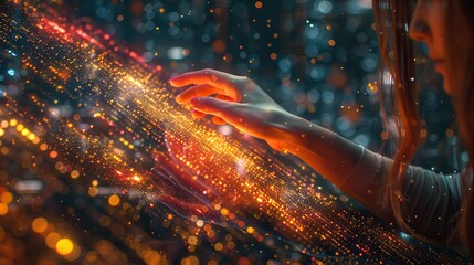 Wall Mural - hand of a woman touching the metaverse universe conceptual example of digital transformation for the next generation of technology.stock illustration