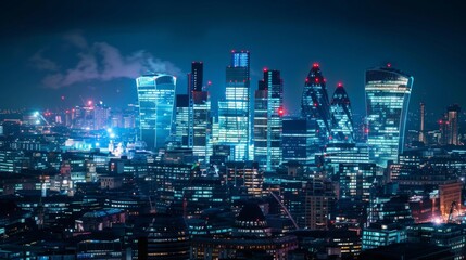 Canvas Print - City of London view at night, business network connections concept.