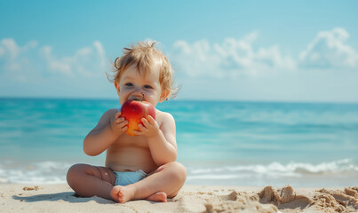 Wall Mural - Cute Toddler Enjoying Red Apple on Sandy Shore