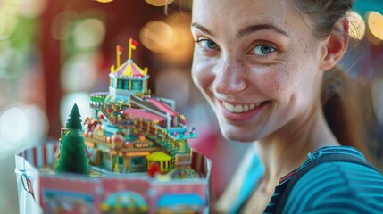 Poster - Young woman smiling holding a miniature amusement park.