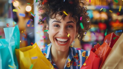 Poster - Confetti falling on a woman's face. She is smiling and has her eyes closed. She is wearing a colorful shirt. The background is blurred.