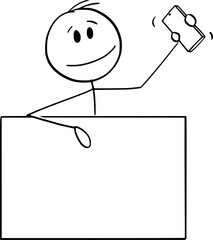 Canvas Print - Person holding phone and empty sign, call us or contact us, vector cartoon stick figure or character illustration.