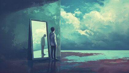 A man is standing in front of a mirror, looking at his reflection