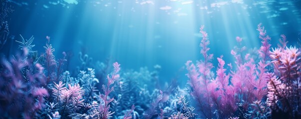 Abstract Underwater Scene close up, focus on, copy space Vibrant coral reefs, fluid patterns, deep blue, Double exposure silhouette with coral and water