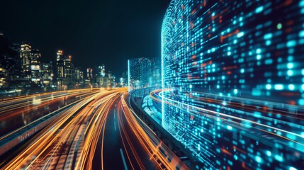 Leinwandbilder - Digital data flow on road with motion blur to create vision of fast speed transfer . Concept of future digital transformation