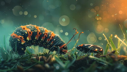 Wall Mural - A colorful bug is sitting on a leaf in a pond