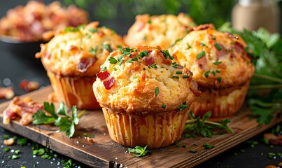Wall Mural - Freshly Baked Cheddar Muffins with Bacon, Generative AI