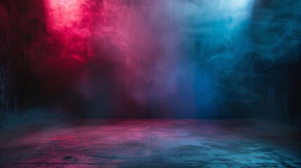 Poster - Empty space of Studio dark room with fog or mist and lighting effect red and blue on concrete floor grunge texture background.