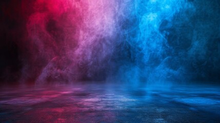 Aufkleber - Empty space of Studio dark room with fog or mist and lighting effect red and blue on concrete floor grunge texture background.