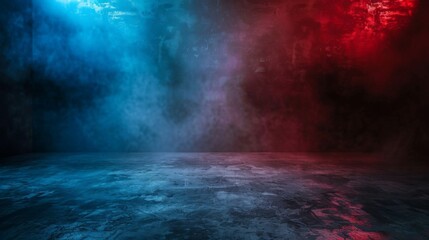 Aufkleber - Empty space of Studio dark room with fog or mist and lighting effect red and blue on concrete floor grunge texture background.