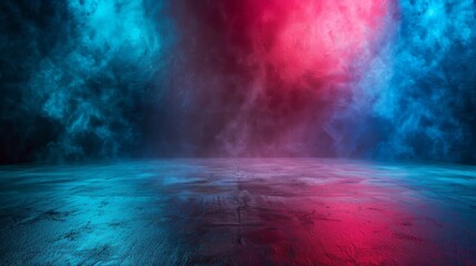 Aufkleber - Empty space of Studio dark room with fog or mist and lighting effect red and blue on concrete floor grunge texture background.