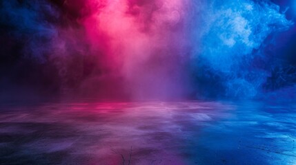 Aufkleber - Empty space of Studio dark room with fog or mist and lighting effect red and blue on concrete floor grunge texture background.