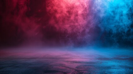 Aufkleber - Empty space of Studio dark room with fog or mist and lighting effect red and blue on concrete floor grunge texture background.
