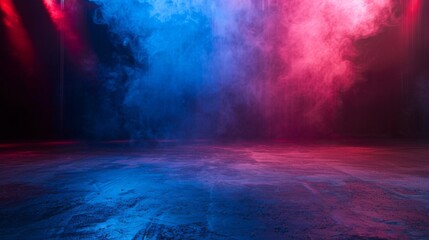 Aufkleber - Empty space of Studio dark room with fog or mist and lighting effect red and blue on concrete floor grunge texture background.