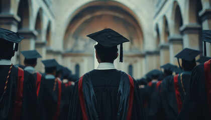 Wall Mural - A woman in a black graduation gown stands in front of a building