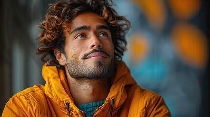 Wall Mural - happy joyful smiling young indian man looking aside up thinking of new good opportunities dreaming feeling inspired.image illustration