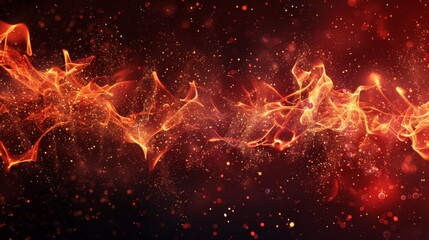 Poster - Fire flames on Abstract art black background, Burning red hot sparks rise from large fire in, Fiery orange glowing