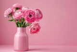 Pink ranunculus bouquet in pink vase on pink background. Copyspace