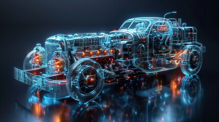 this is a modern illustration of a piston engine car isolated on a black background with gear mechanisms a mechanic or repair service concept banner a polygonal wireframe style.stock photo