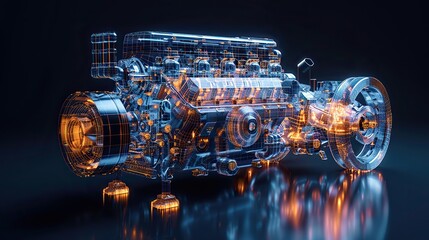 modern illustration of a piston engine car on a black background with gear mechanism repair service or mechanic concept banner polygonal wireframe style.image illustration